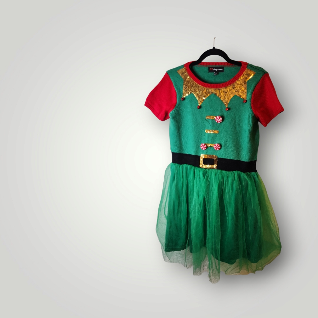 33 Degrees Ugly Sweater Elf Dress Tulle Green Jingle Bell Sequin Dress M